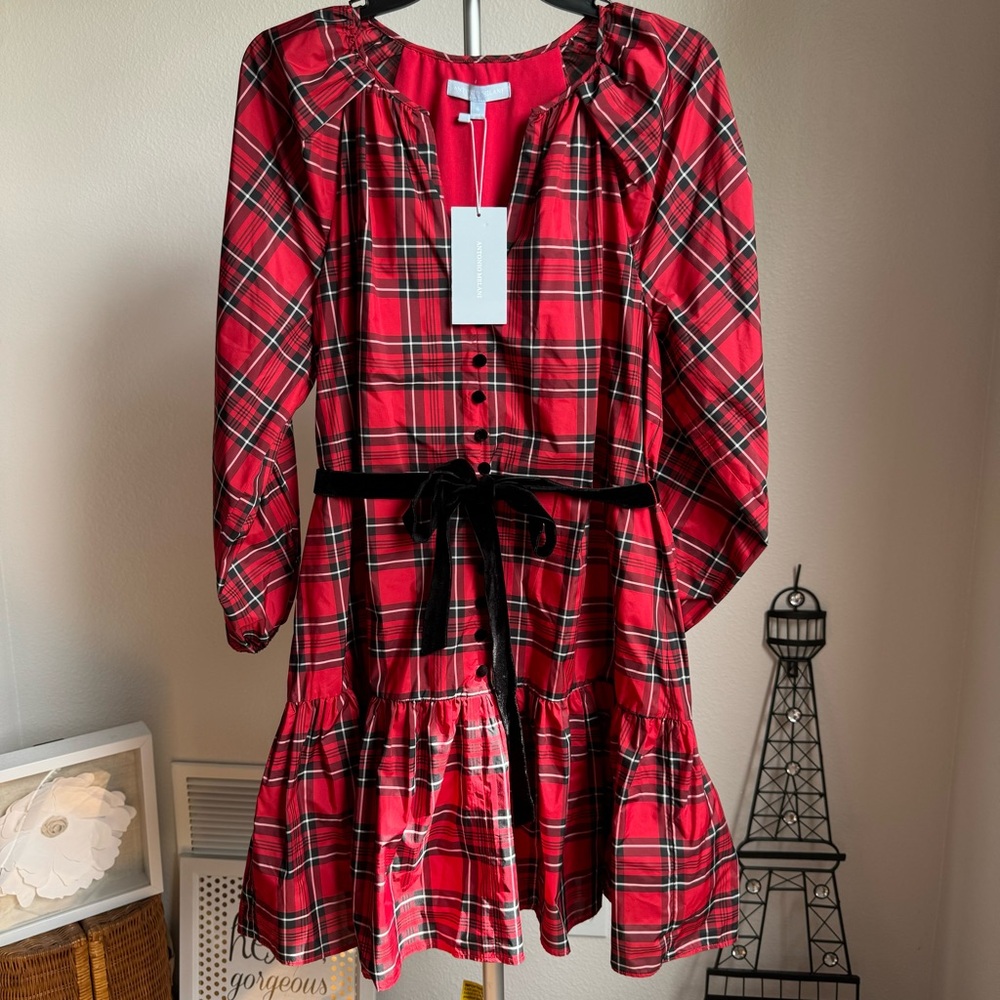 ANTONIO MELANI Red and Black Plaid Long Sleeve Dress
